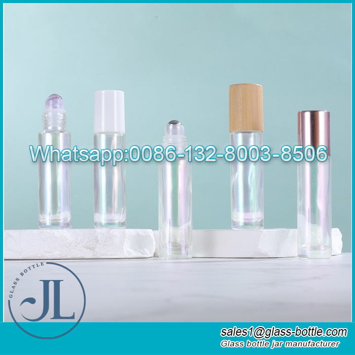 Luxuriöse 10-ml-Glasrollerflasche in schillernder Farbe mit Bambusdeckel
