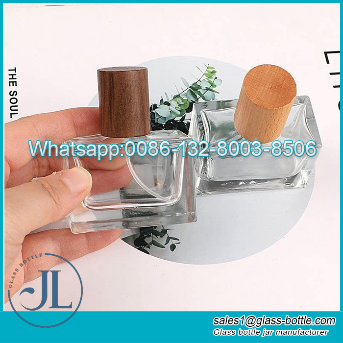 30ml Frasco de perfume en aerosol rectangular plano con tapa de madera