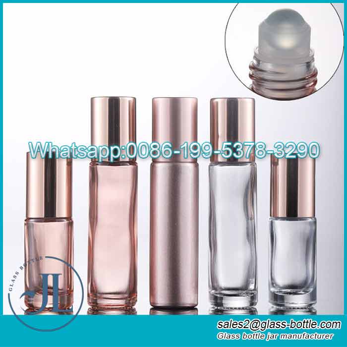 10ml d'huile essentielle de verre rose utilisation rouleau sur bouteille avec boule de rouleau de pierres précieuses en cristal et bouchon en or rose