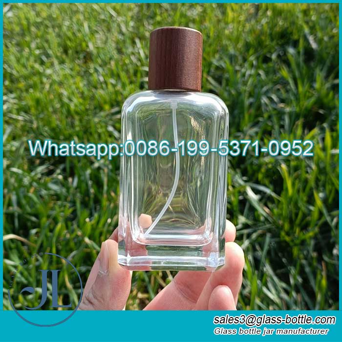 Custom 100ml crimp glass perfume bottle with beech wood cover