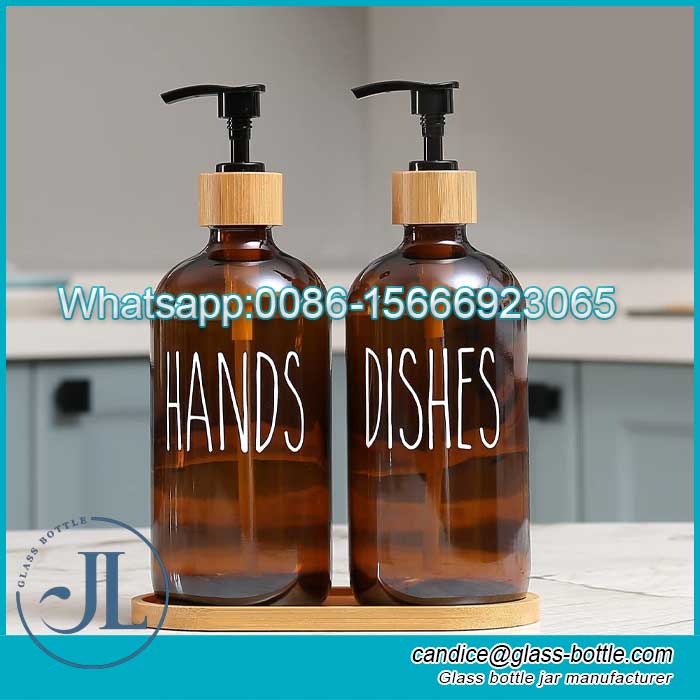 16oz Kitchen Soap Dispenser Amber Glass Hand and Dish Soap Dispenser with Bamboo Pumps